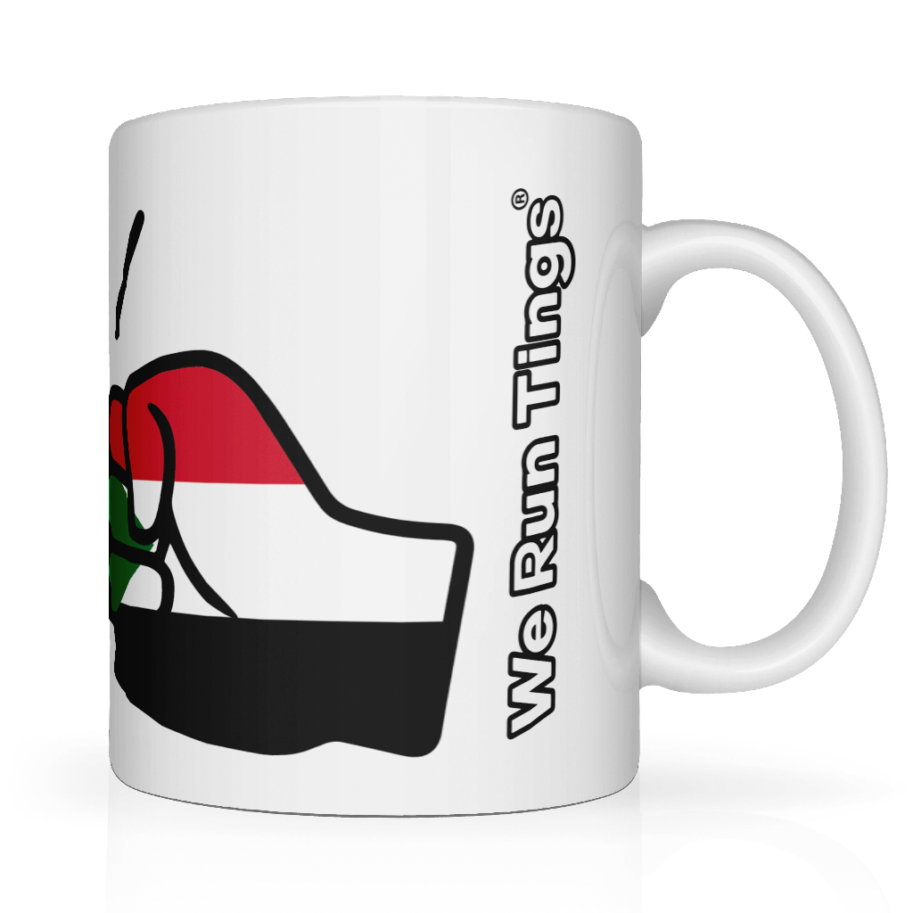 White We Run Tings, Sudan Mug with a graphic of a fist and the text 'We Run Tings' on a white background. Side view