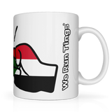 White We Run Tings, Sudan Mug with a graphic of a fist and the text 'We Run Tings' on a white background. Side view