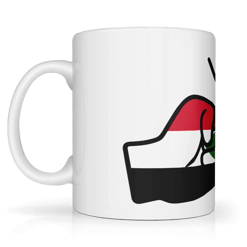 White ceramic We Run Tings, Sudan Mug with a graphic of a fist and the text on a white background. Side view