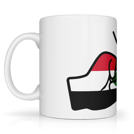 White ceramic We Run Tings, Sudan Mug with a graphic of a fist and the text on a white background. Side view