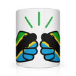 White We Run Tings, Tanzania tea, coffee ceramic mug, cup featuring the flag of Tanzania within the We Run Tings fist logo on a white background. Front view