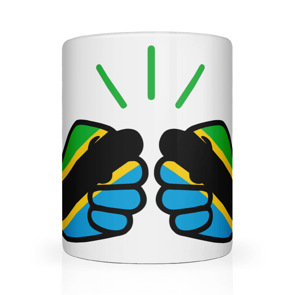 White We Run Tings, Tanzania tea, coffee ceramic mug, cup featuring the flag of Tanzania within the We Run Tings fist logo on a white background. Front view