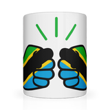 White We Run Tings, Tanzania tea, coffee ceramic mug, cup featuring the flag of Tanzania within the We Run Tings fist logo on a white background. Front view