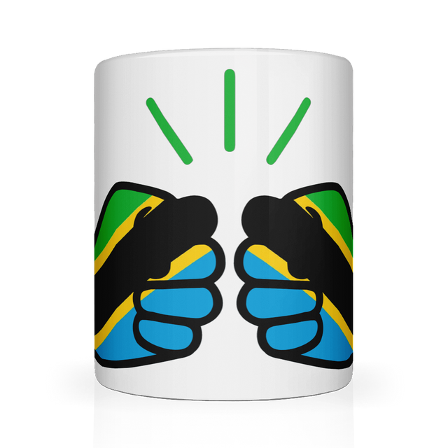 White We Run Tings, Tanzania tea, coffee ceramic mug, cup featuring the flag of Tanzania within the We Run Tings fist logo on a white background. Front view