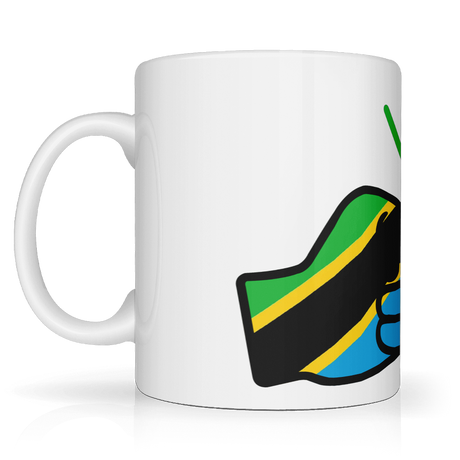 White We Run Tings, Tanzania tea, coffee ceramic mug, cup featuring the flag of Tanzania within the We Run Tings fist logo on a white background. Side view