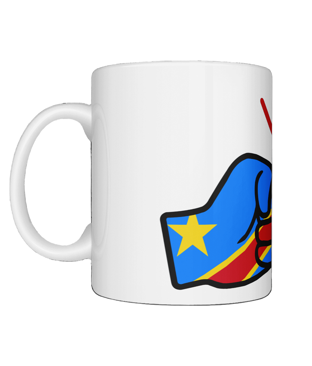 A glossy white ceramic We Run Tings The Democratic Republic of The Congo (DRC) Mug with a graphic design of a fist and the countrys flag. Front view on a white background