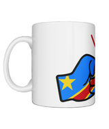 A glossy white ceramic We Run Tings The Democratic Republic of The Congo (DRC) Mug with a graphic design of a fist and the countrys flag. Front view on a white background