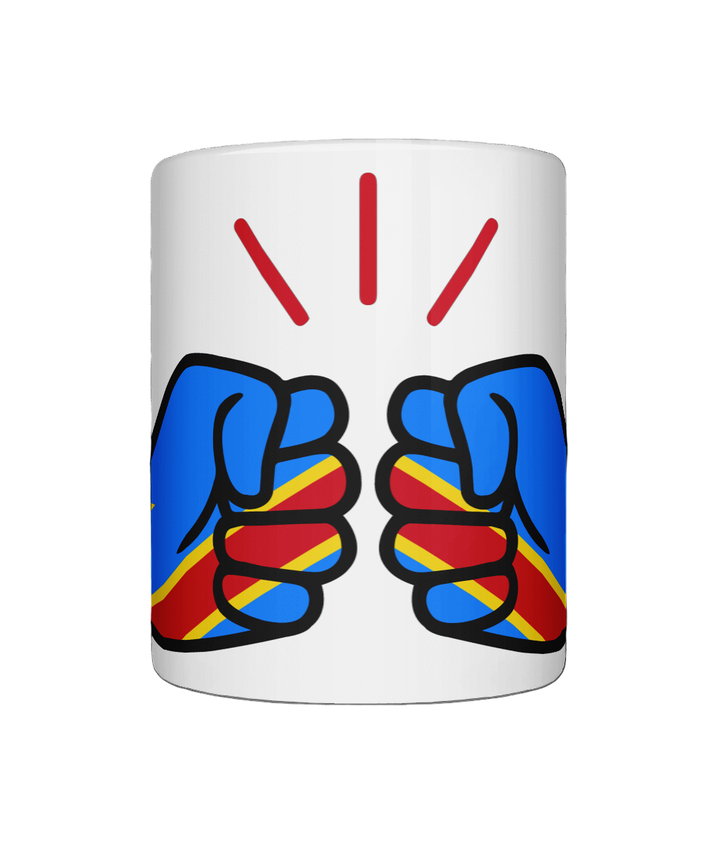 A glossy white ceramic We Run Tings The Democratic Republic of The Congo (DRC) Mug with a graphic design of a fist and the colors of the national flag. Front view
