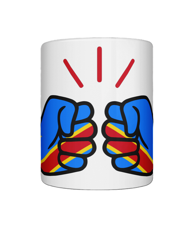 A glossy white ceramic We Run Tings The Democratic Republic of The Congo (DRC) Mug with a graphic design of a fist and the colors of the national flag. Front view
