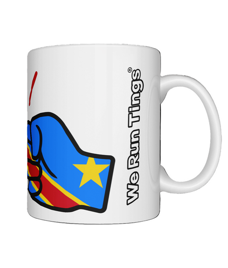 Side view of A glossy white ceramic We Run Tings The Democratic Republic of The Congo (DRC) Mug with a graphic design of a fist and the countrys flag. On a white background
