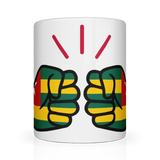 White ceramic mug featuring a bold “We Run Tings” design with two raised fists wrapped in the Togo flag colors, accented by red graphic lines above, symbolizing strength, unity, and cultural pride.