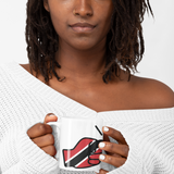 Woman wearing a white sweater holding a We Run Tings, Trinidad & Tobago, Caribbean Themed, Tea, Coffee White Ceramic Mug, Cup, White, 11oz Drinkware Glossy Washable Reusable Reuse Tumbler Classic. 