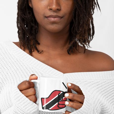 Woman wearing a white sweater holding a We Run Tings, Trinidad & Tobago, Caribbean Themed, Tea, Coffee White Ceramic Mug, Cup, White, 11oz Drinkware Glossy Washable Reusable Reuse Tumbler Classic. 