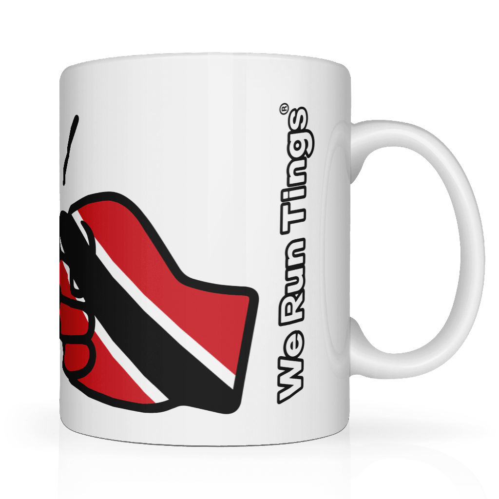 We Run Tings, Trinidad & Tobago, Caribbean Themed, Tea, Coffee Ceramic Mug, Cup, White, 11oz Drinkware Glossy Washable Reusable Reuse Tumbler Classic. Side view.