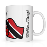 We Run Tings, Trinidad & Tobago, Caribbean Themed, Tea, Coffee Ceramic Mug, Cup, White, 11oz Drinkware Glossy Washable Reusable Reuse Tumbler Classic. Side view.