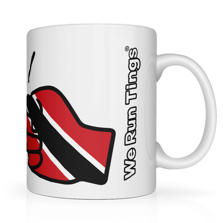 We Run Tings, Trinidad & Tobago, Caribbean Themed, Tea, Coffee Ceramic Mug, Cup, White, 11oz Drinkware Glossy Washable Reusable Reuse Tumbler Classic. Side view.
