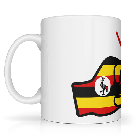 White ceramic mug from the We Run Tings brand featuring the Uganda flag design on a white background. Side view