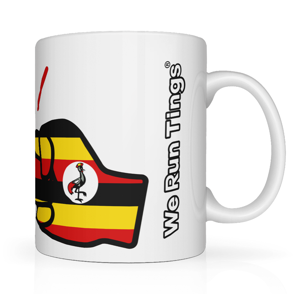 White glossy ceramic mug with Uganda flag design and 'We Run Things' text on a white background. Side view