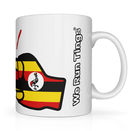 White glossy ceramic mug with Uganda flag design and 'We Run Things' text on a white background. Side view