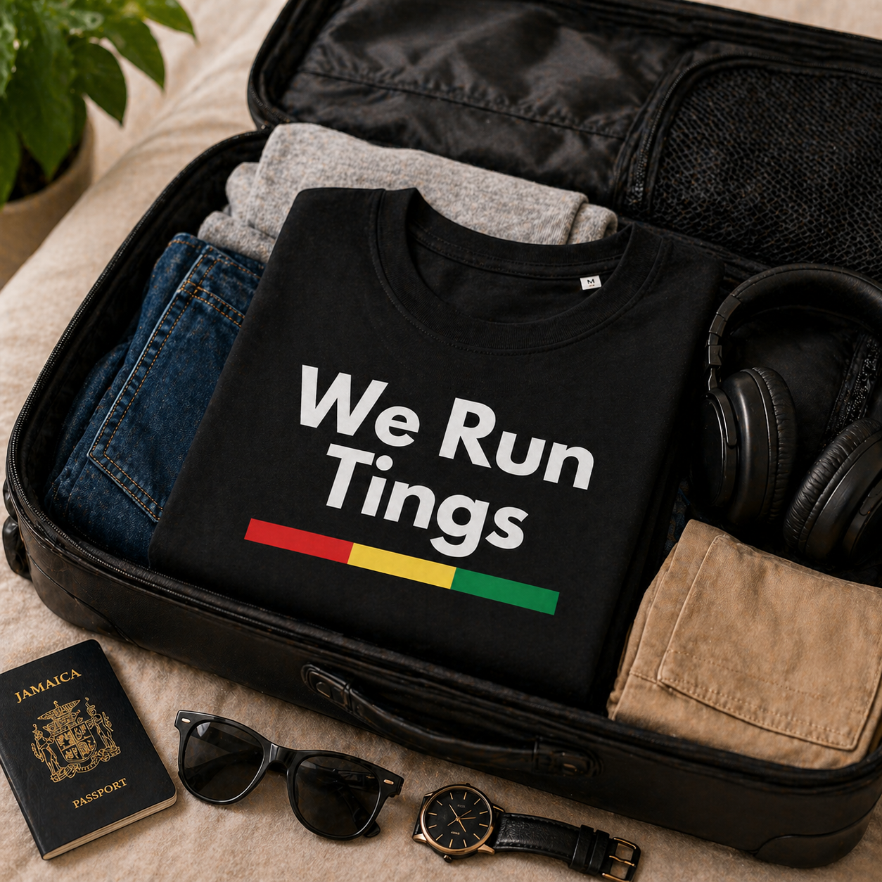 We Run Tings black Vibrant t-shirt packed and folded up in a suitcase with other clothes with a Jamaican passport