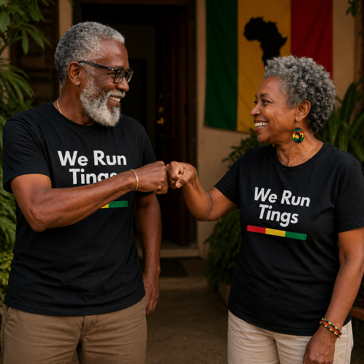 Two people wearing black t-shirts with 'We Run Tings' text, standing close and greeting each other by touching fists together.