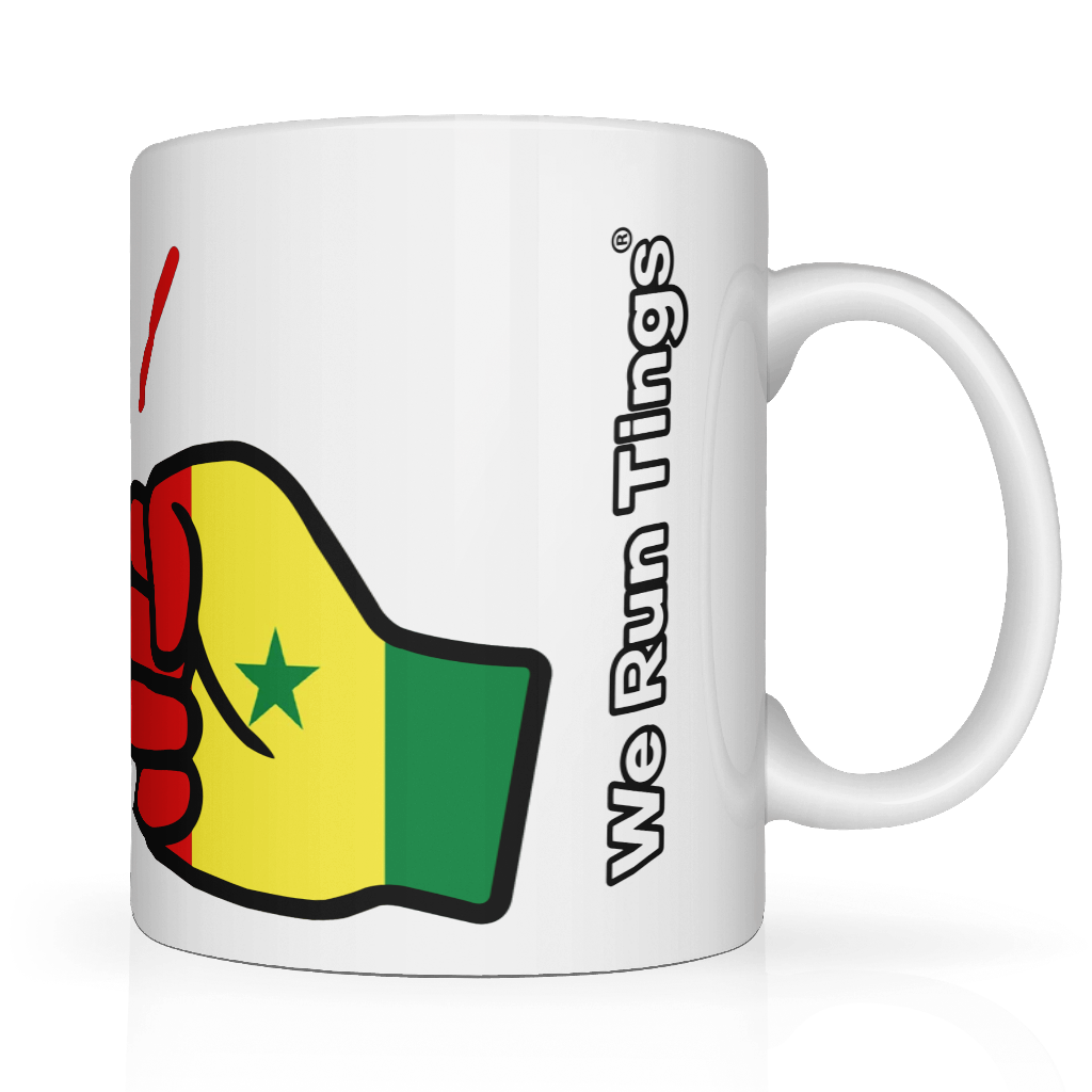 White mug with a fist holding a Senegal flag design and 'We Run Tings' text on a white background. Side view