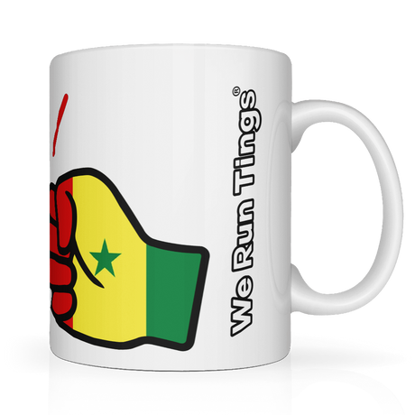 White mug with a fist holding a Senegal flag design and 'We Run Tings' text on a white background. Side view