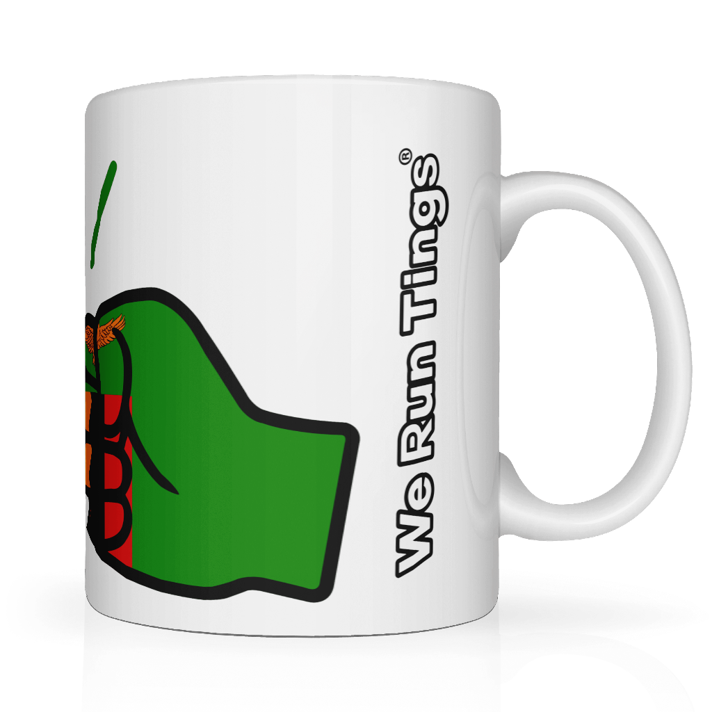 White We Run Tings, Zambia mug with brand logo and 'We Run Tings' text on the side on a white background. Side view