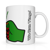White We Run Tings, Zambia mug with brand logo and 'We Run Tings' text on the side on a white background. Side view