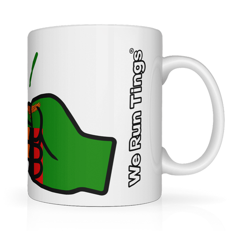 White We Run Tings, Zambia mug with brand logo and 'We Run Tings' text on the side on a white background. Side view