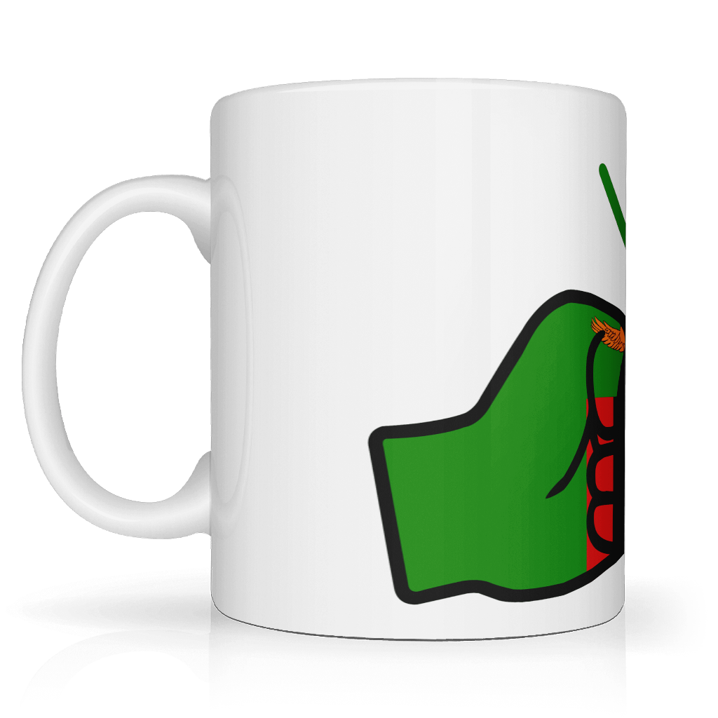 White mug with a green and red design on a white background