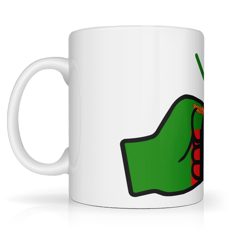 White mug with a green and red design on a white background