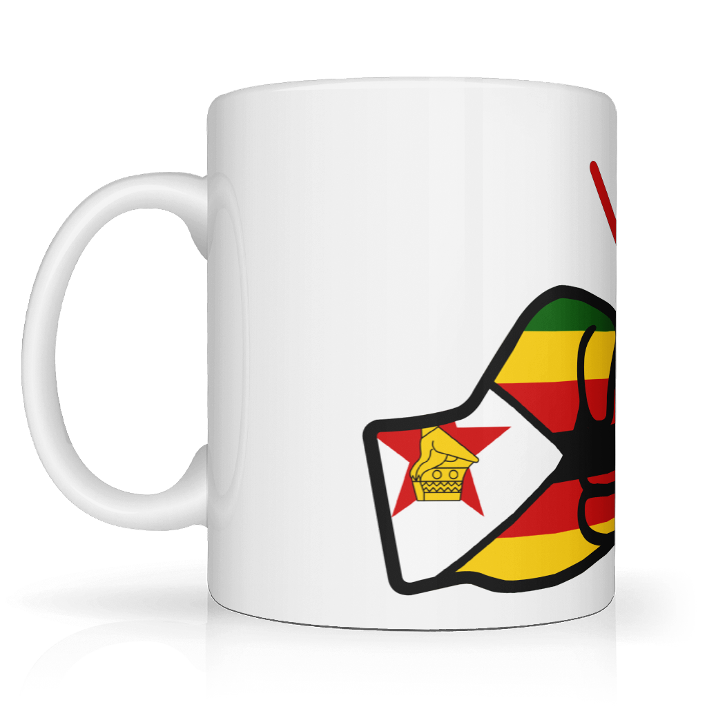 White glossy ceramic We Run Tings, Zimbabwe tea, coffee mug with a colorful design featuring a lion and a shield on a white background