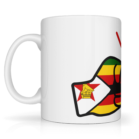 White glossy ceramic We Run Tings, Zimbabwe tea, coffee mug with a colorful design featuring a lion and a shield on a white background