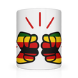 White glossy ceramic We Run Tings, Zimbabwe coffee, tea mug with red, yellow, and green design on a white background