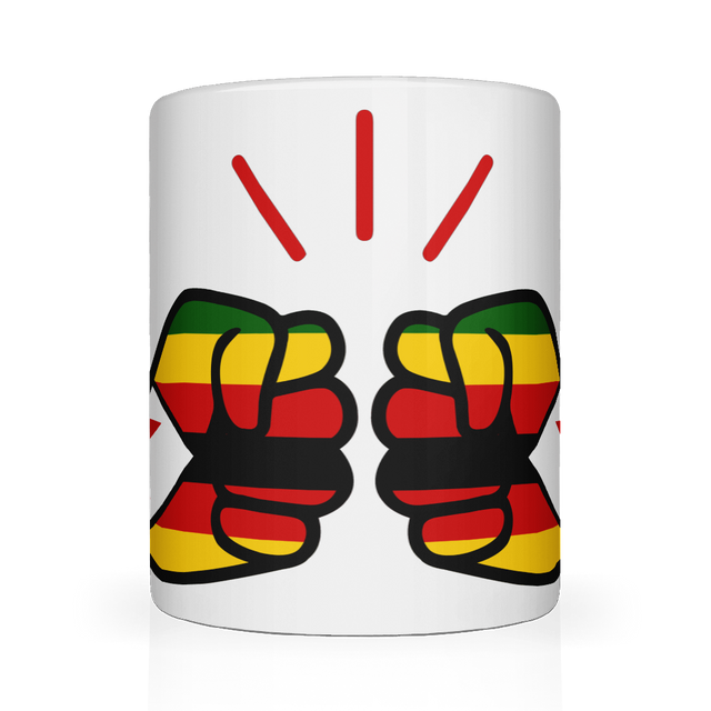 White glossy ceramic We Run Tings, Zimbabwe coffee, tea mug with red, yellow, and green design on a white background