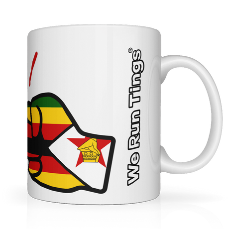 White glossy ceramic We Run Tings, Zimbabwe mug with a colorful design and 'We Run Tings' text on the side on a white background
