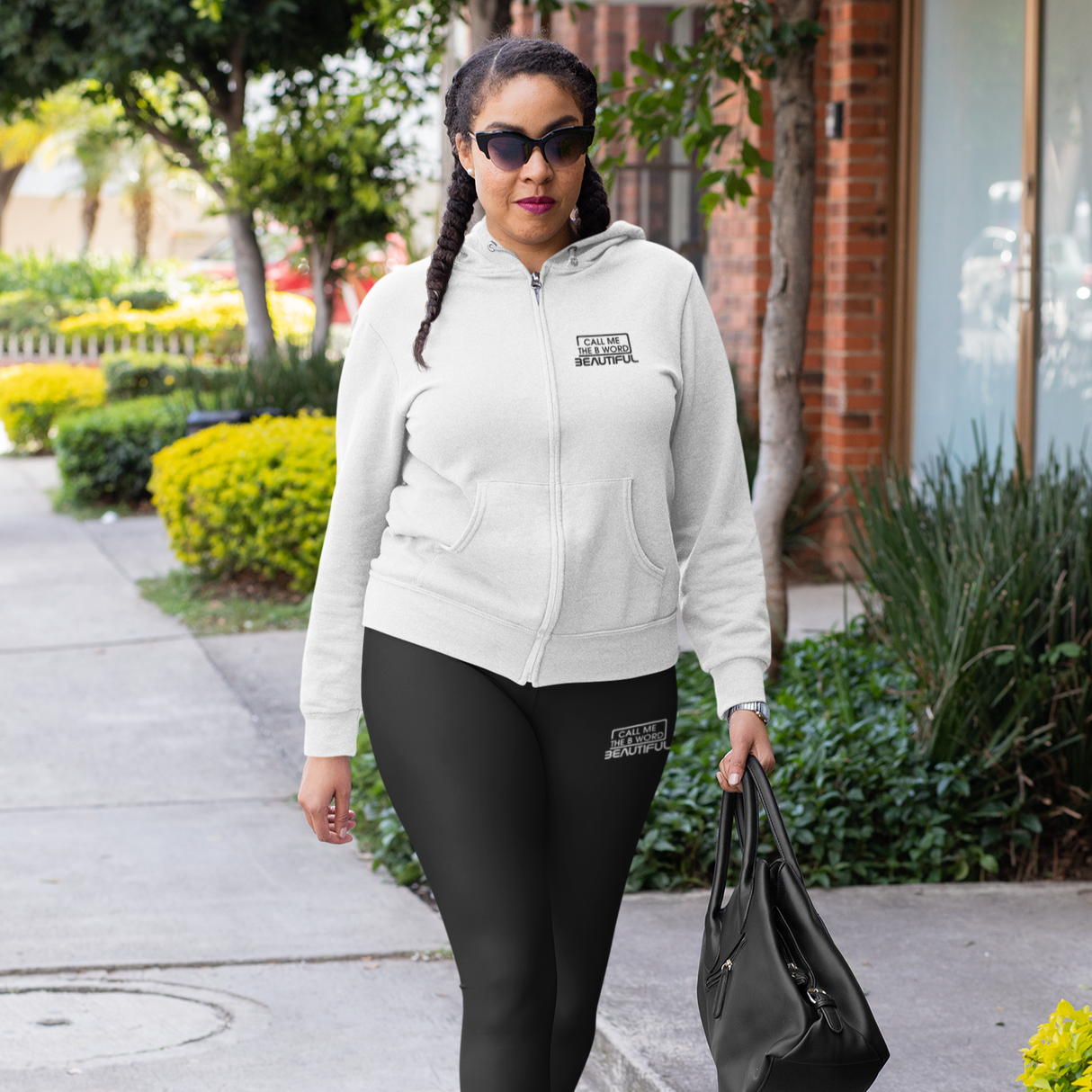 Call Me The B Word Beautiful, Cotton Zip Up Hoodie, Black Logo
