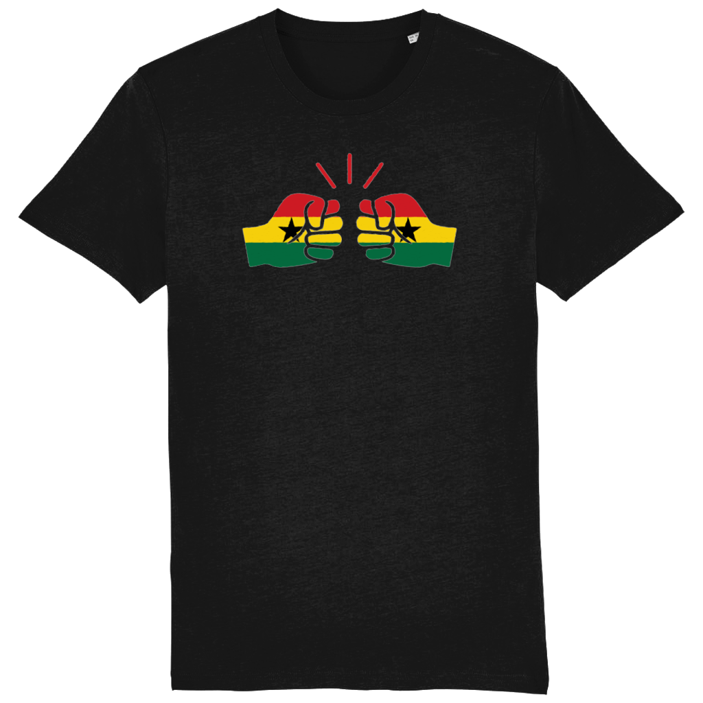 Men's black t-shirt with a graphic design of a fist and the Ghanaian flag on the front.
