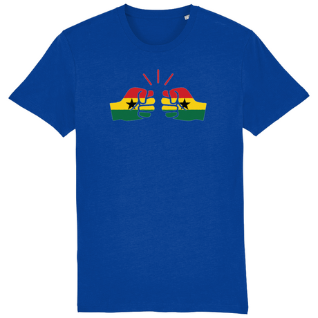 Men's blue t-shirt with a graphic design of a fist and the Ghanaian flag on the front.