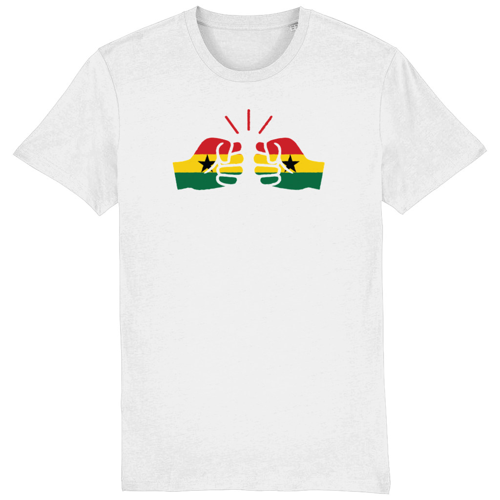 Men's white t-shirt with a graphic design of a fist and the Ghanaian flag on the front.