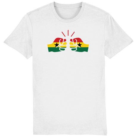 Men's white t-shirt with a graphic design of a fist and the Ghanaian flag on the front.