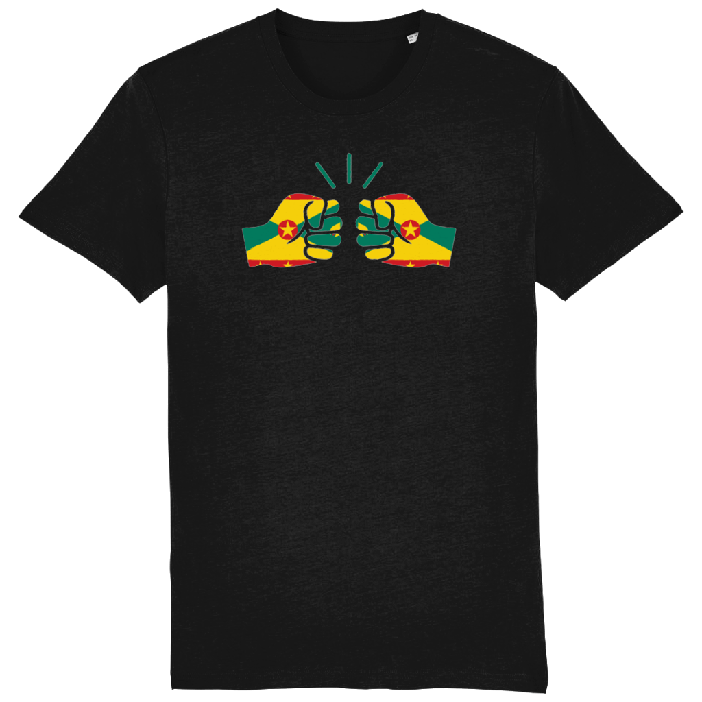 Men's black t-shirt with a graphic print of a fist and the We Run Tings Grenada brand logo on the front.