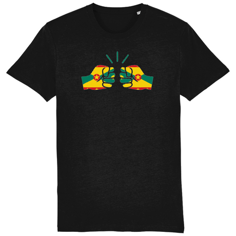 Men's black t-shirt with a graphic print of a fist and the We Run Tings Grenada brand logo on the front.