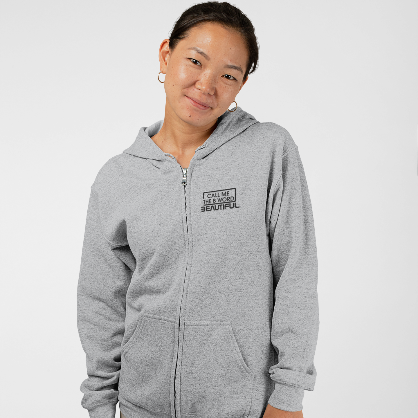 Call Me The B Word Beautiful, Cotton Zip Up Hoodie, Black Logo